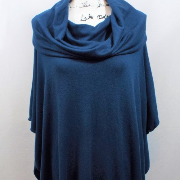 Lovestitch Cowl Neck Teal Poncho with Fringe One Size - Picture 4 of 8